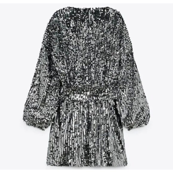 ZARA  SILVER SEQUIN MINI DRESS 2731/328 Size Medium - Picture 2 of 7